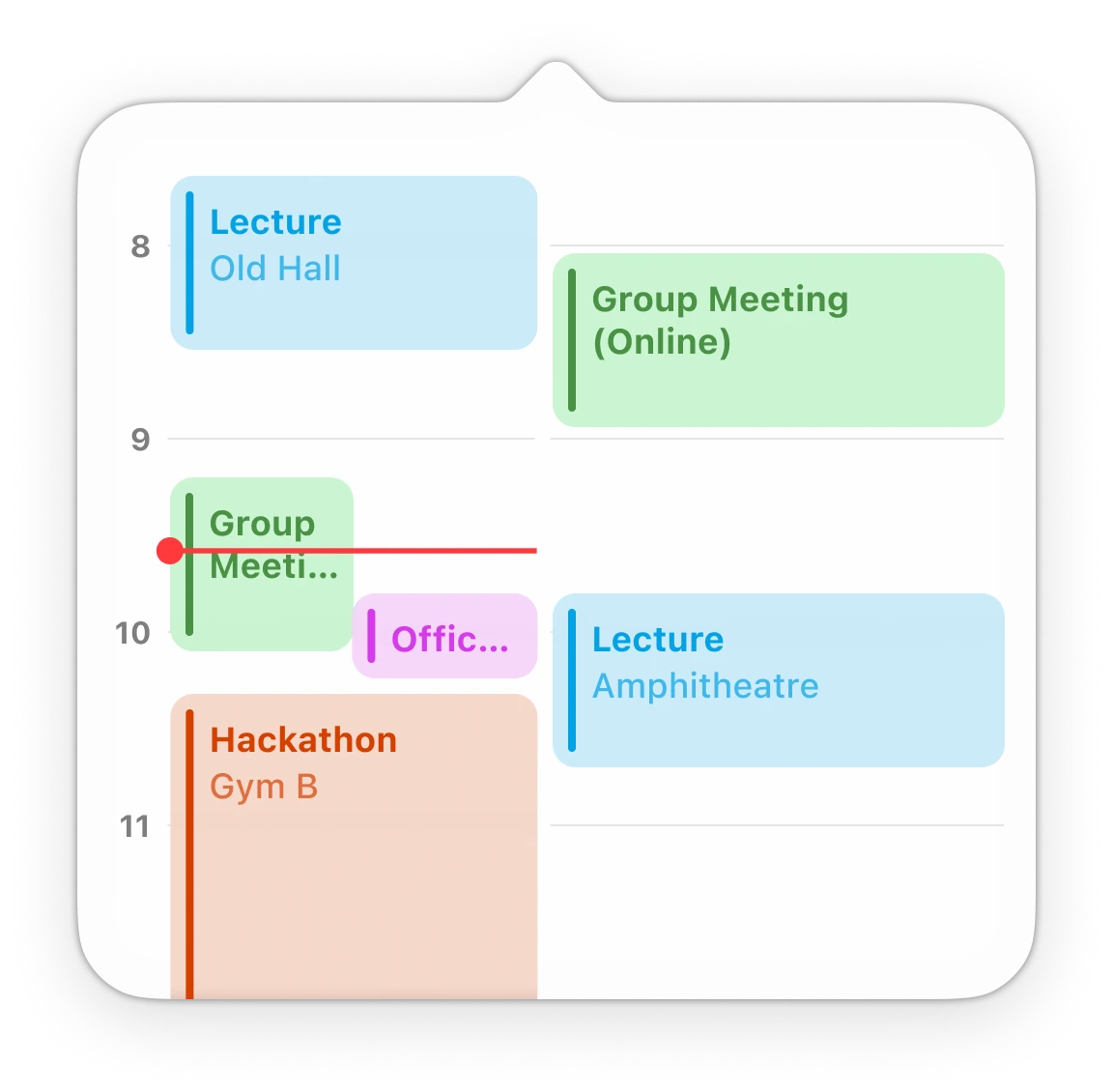 Calendar timeline with lectures, meetings, and a hackathon shown as colored event blocks in the style of macOS' calendar app