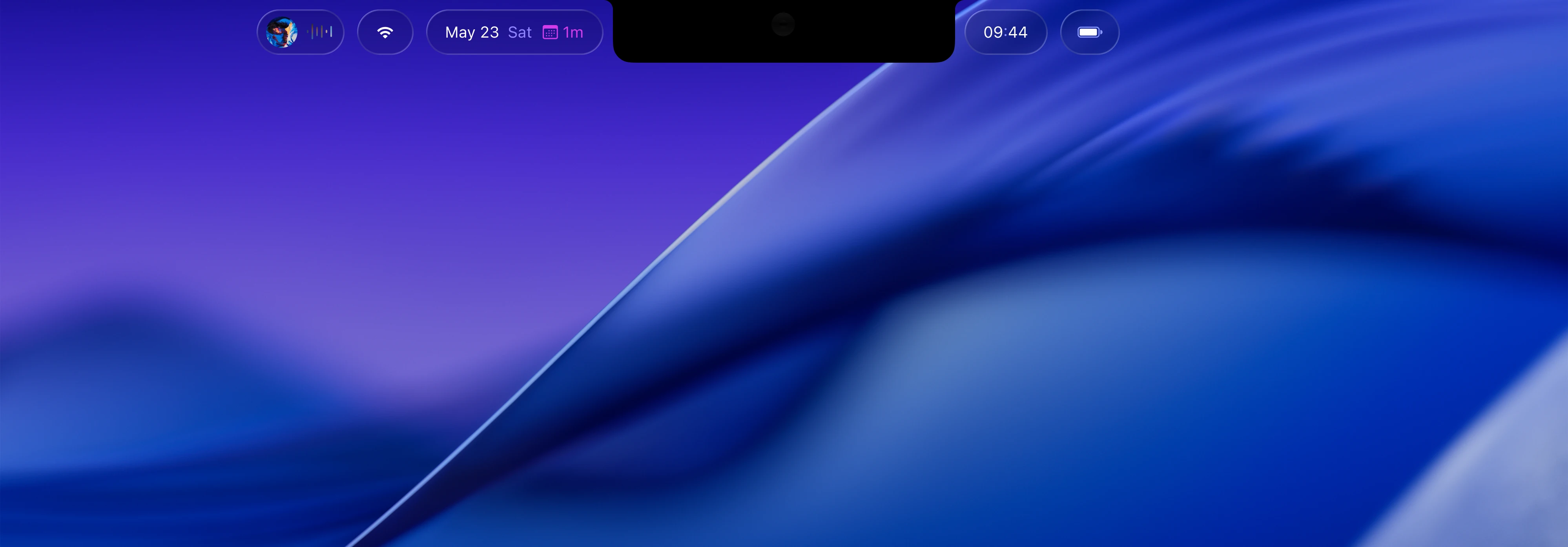Mac menu bar with Barstool widgets for media, Wi-Fi, date, time, and battery around the camera cutout