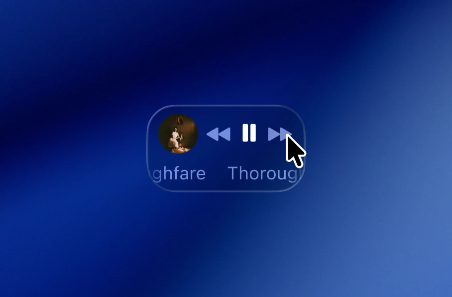 Floating media control widget with album art, previous, pause, and next buttons