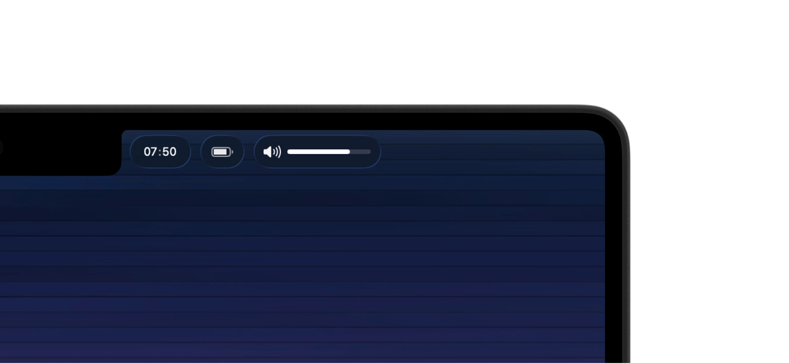 MacBook menu bar with time, battery, and a floating volume slider